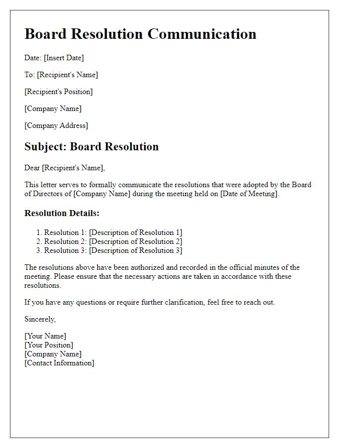 Letter template of Board Resolution Communication