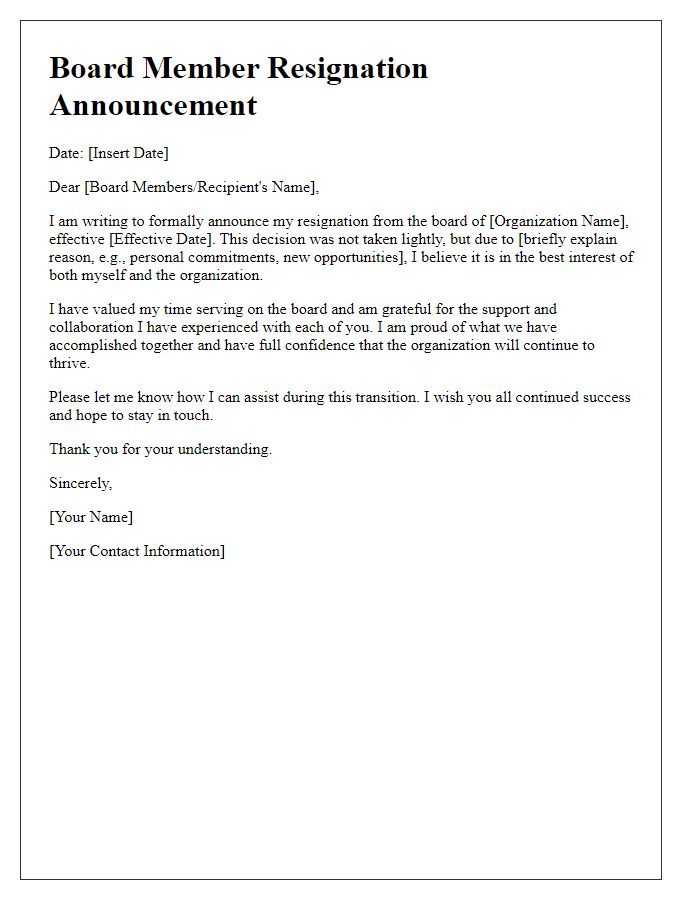 Letter template of board member resignation announcement