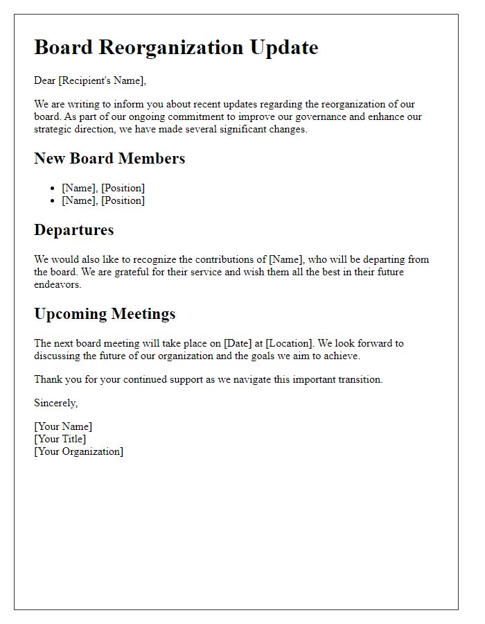 Letter template of board reorganization update