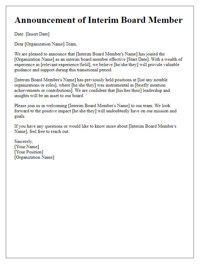 Letter template of interim board member announcement