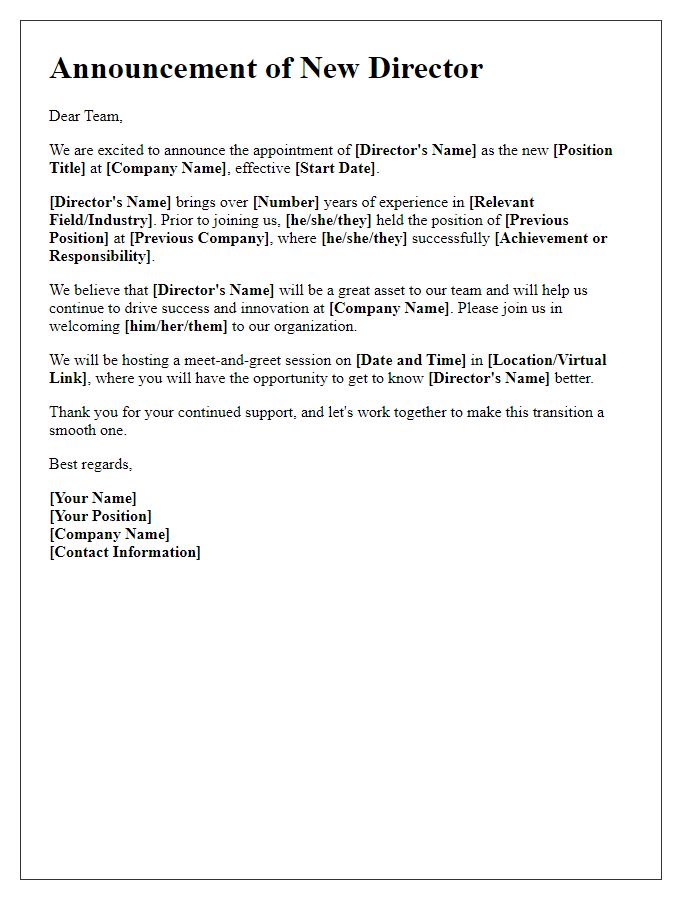 Letter template of new director announcement