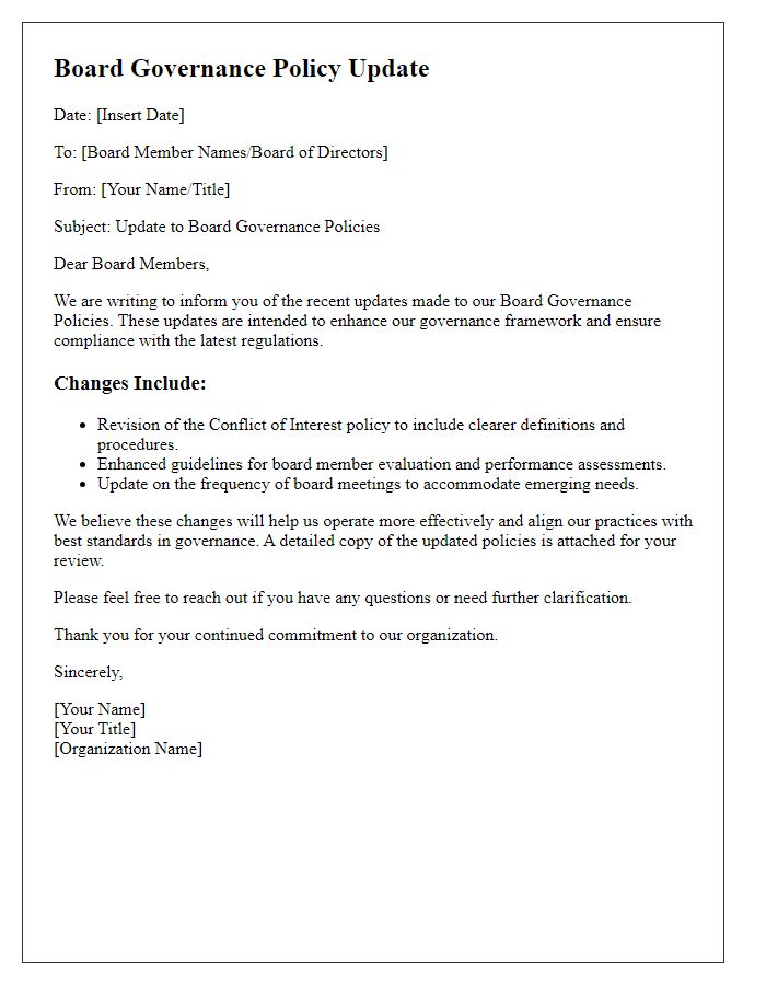 Letter template of board governance policy update