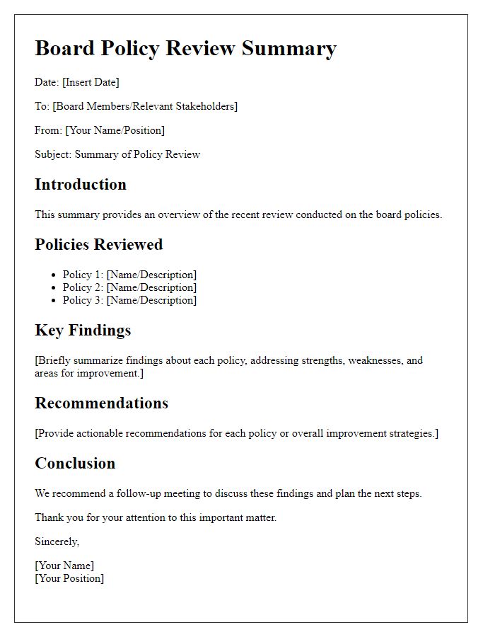 Letter template of board policy review summary