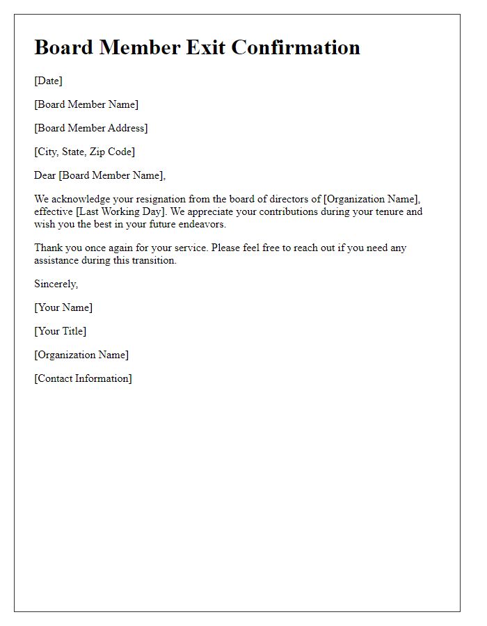 Letter template of board member exit confirmation