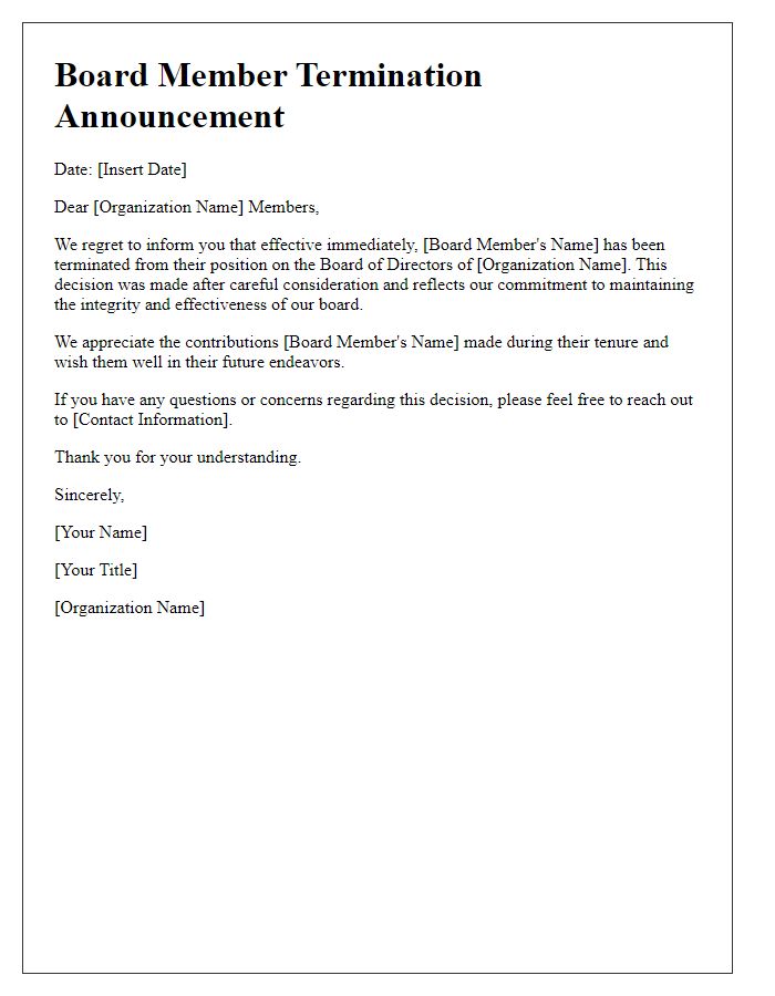 Letter template of board member termination announcement