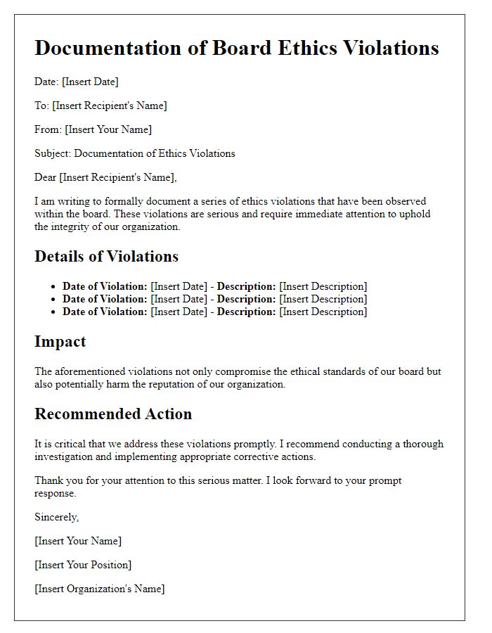 Letter template of documentation of board ethics violations