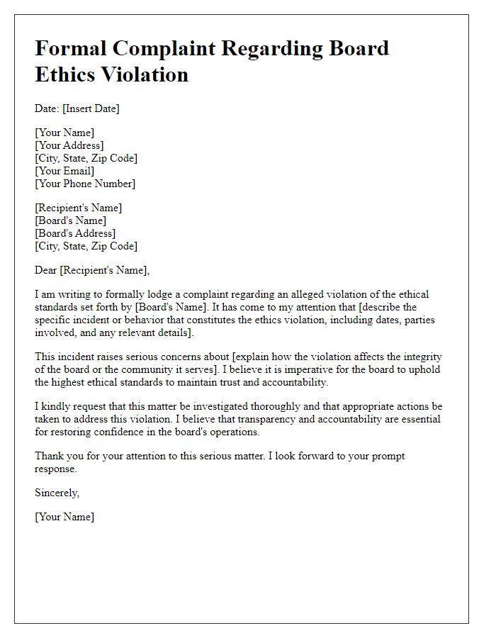 Letter template of formal complaint regarding board ethics violation