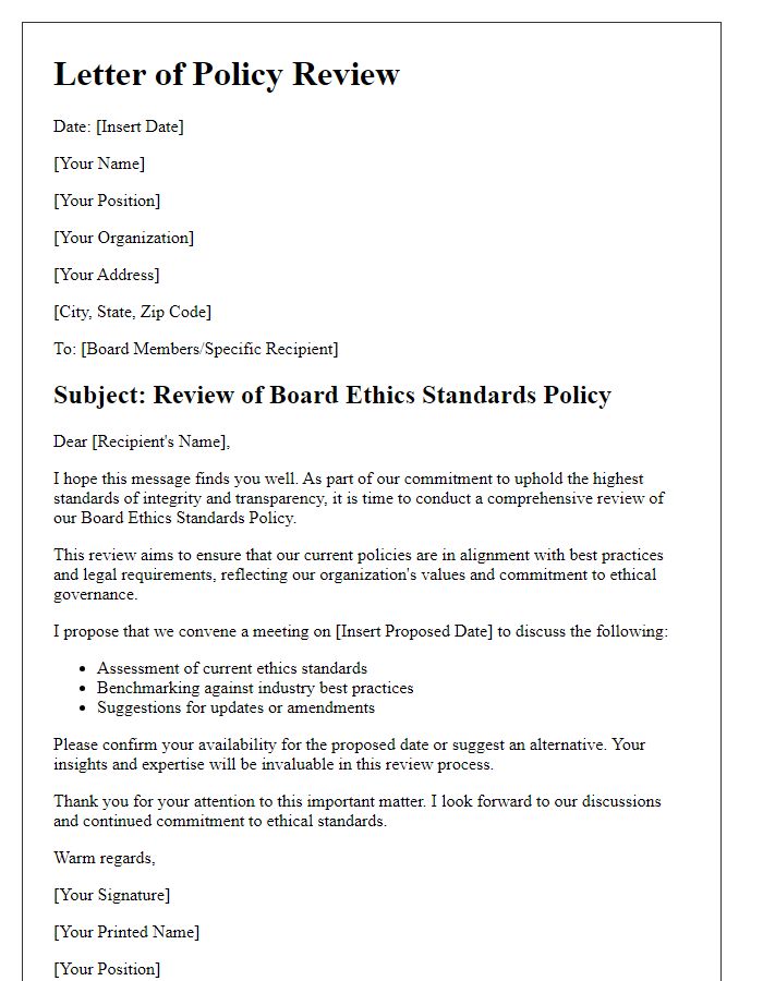 Letter template of policy review regarding board ethics standards