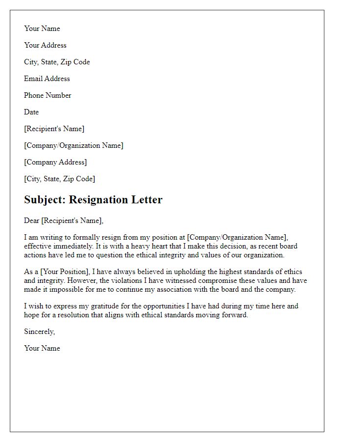 Letter template of resignation due to board ethics violation