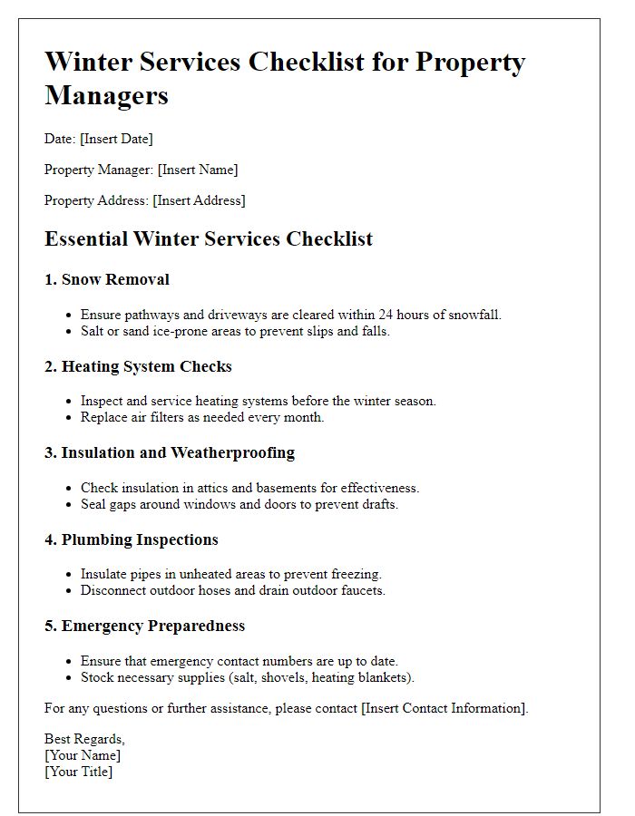 Letter template of essential winter services checklist for property managers