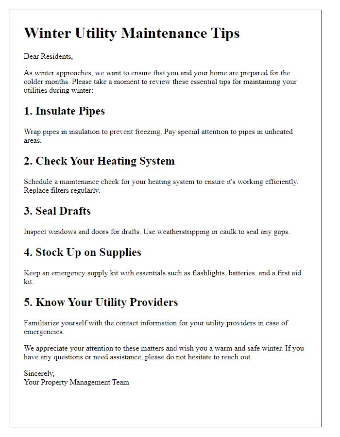 Letter template of residential winter utility maintenance tips