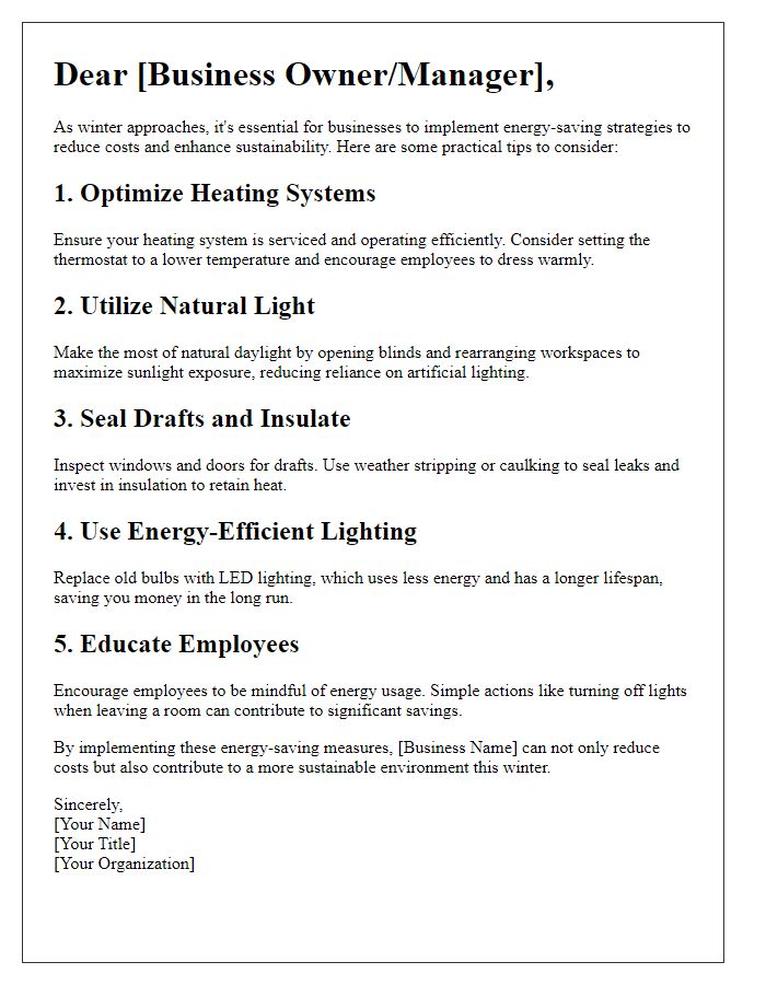 Letter template of winter energy-saving tips for businesses