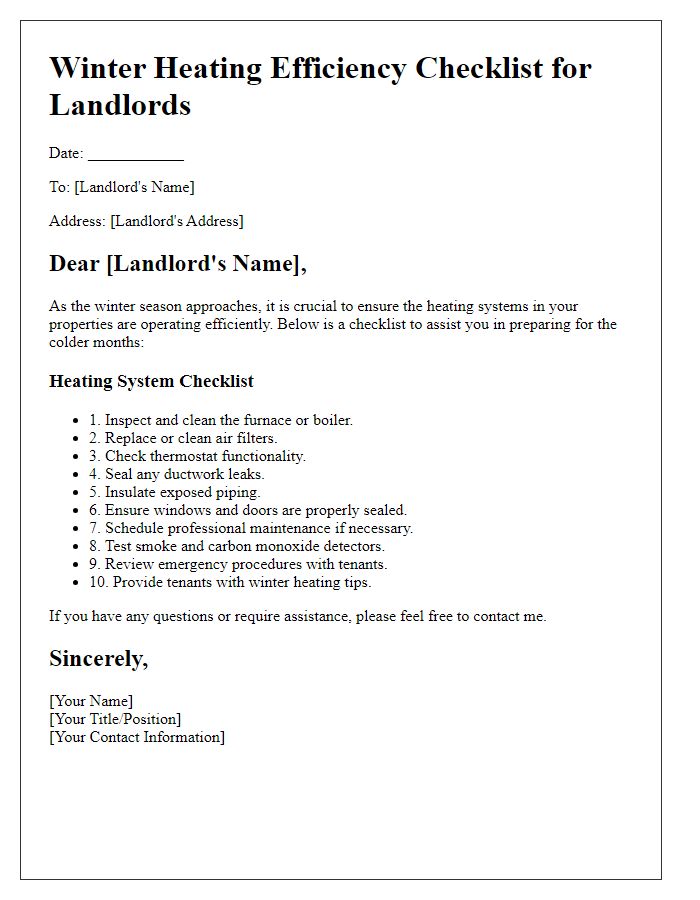 Letter template of winter heating efficiency checklist for landlords