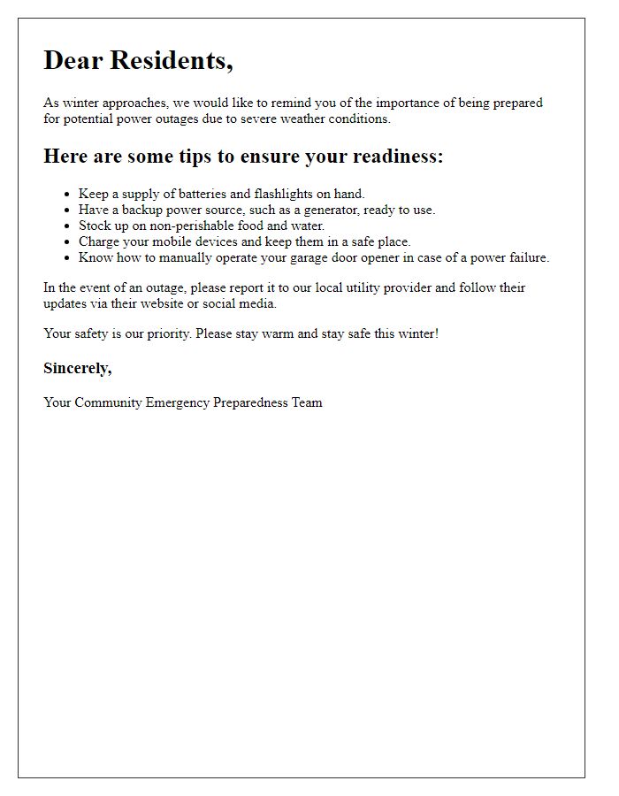 Letter template of winter power outage readiness for local residents