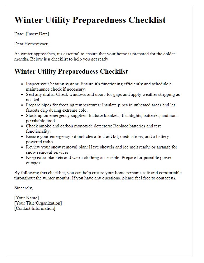 Letter template of winter utility preparedness checklist for homeowners