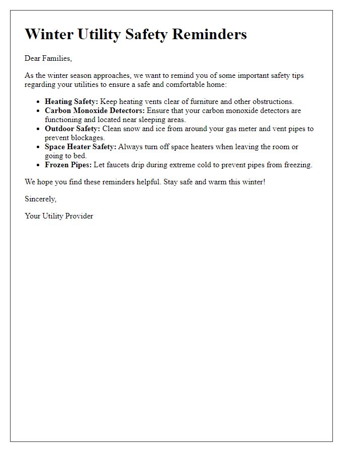 Letter template of winter utility safety reminders for families