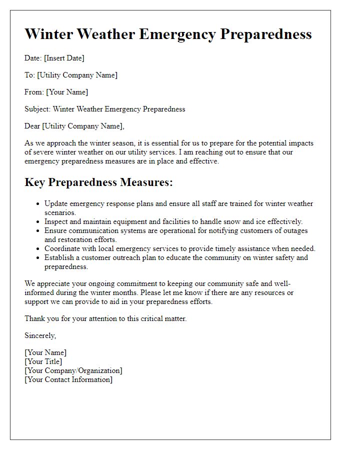 Letter template of winter weather emergency preparedness for utility companies