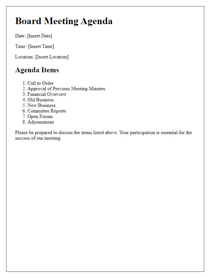 Letter template of agenda for board gathering.