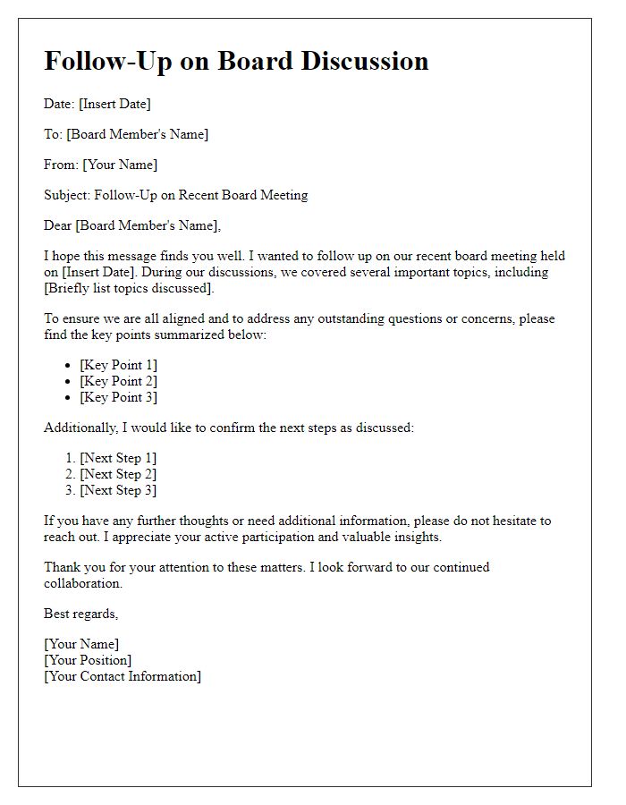 Letter template of follow-up for board discussion.