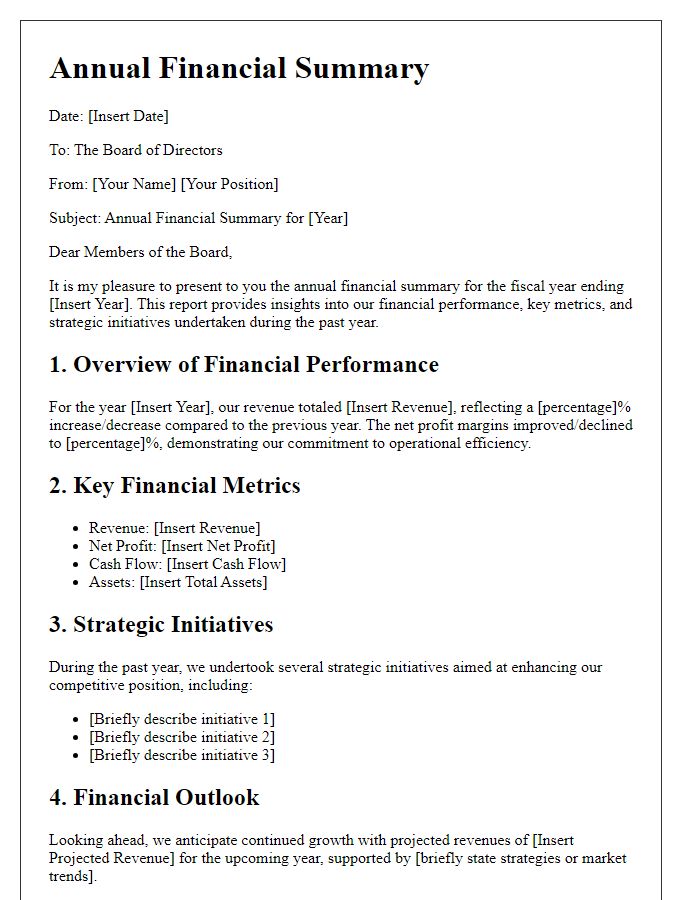 Letter template of annual financial summary for the board