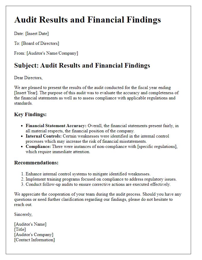 Letter template of audit results and financial findings for directors