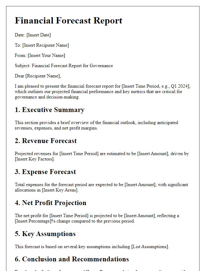 Letter template of financial forecast report for governance