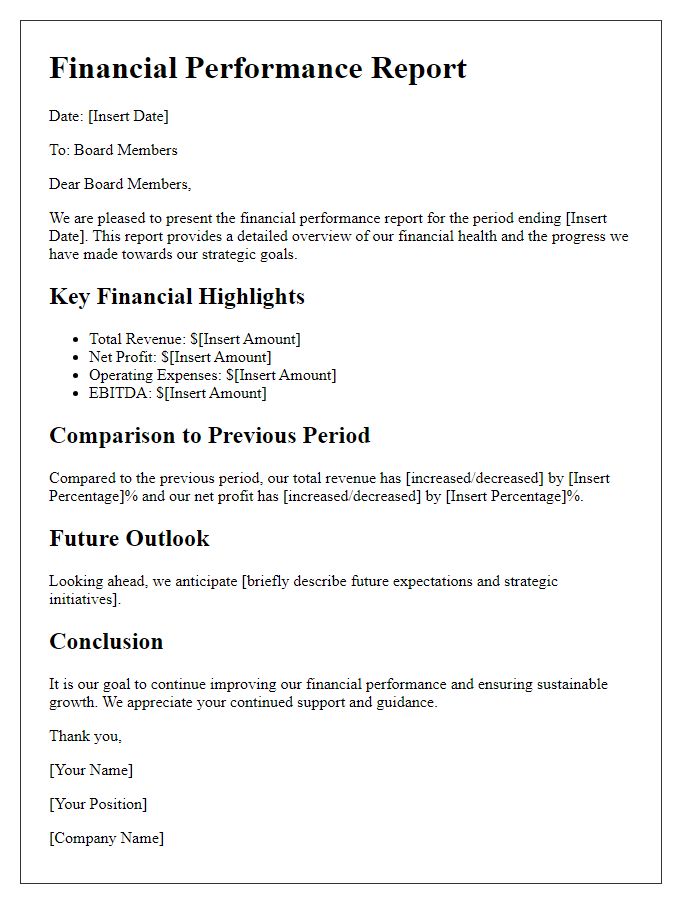 Letter template of financial performance report for board members