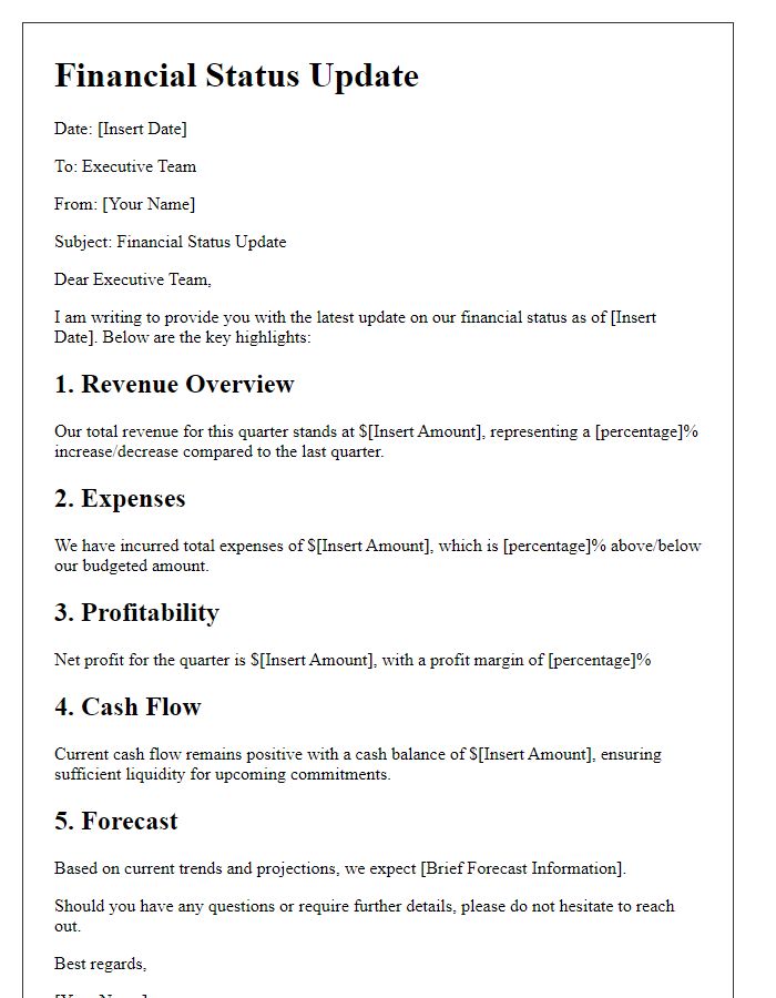 Letter template of financial status update for executive team