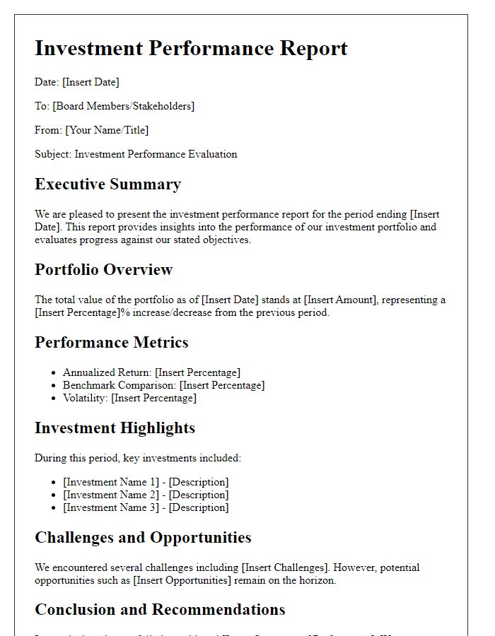 Letter template of investment performance report for board evaluation