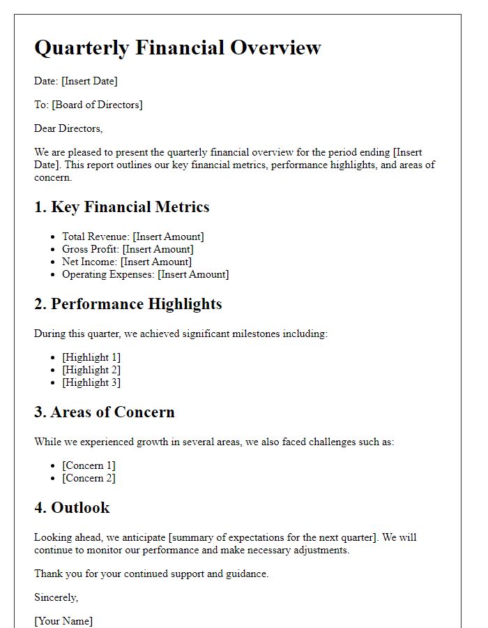 Letter template of quarterly financial overview for directors