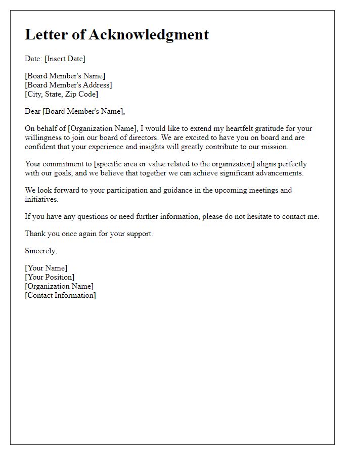 Letter template of acknowledgment for joining the board