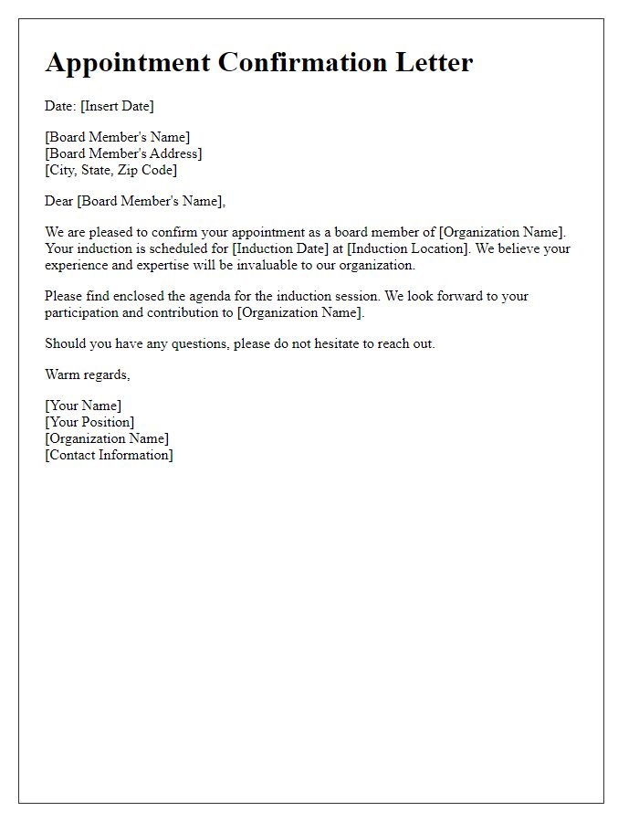 Letter template of appointment confirmation for board member induction