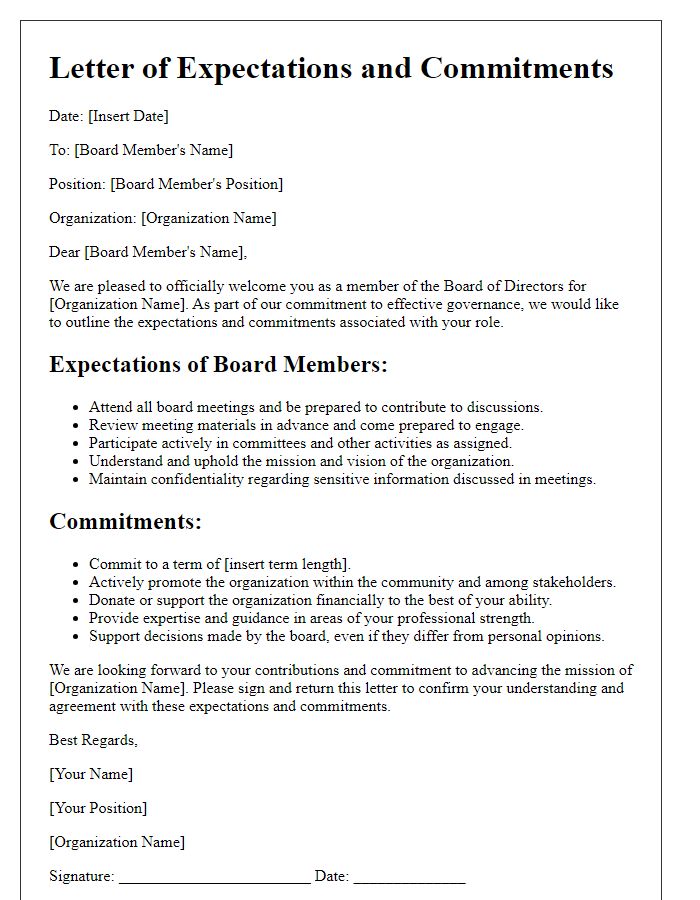 Letter template of expectations and commitments for board membership