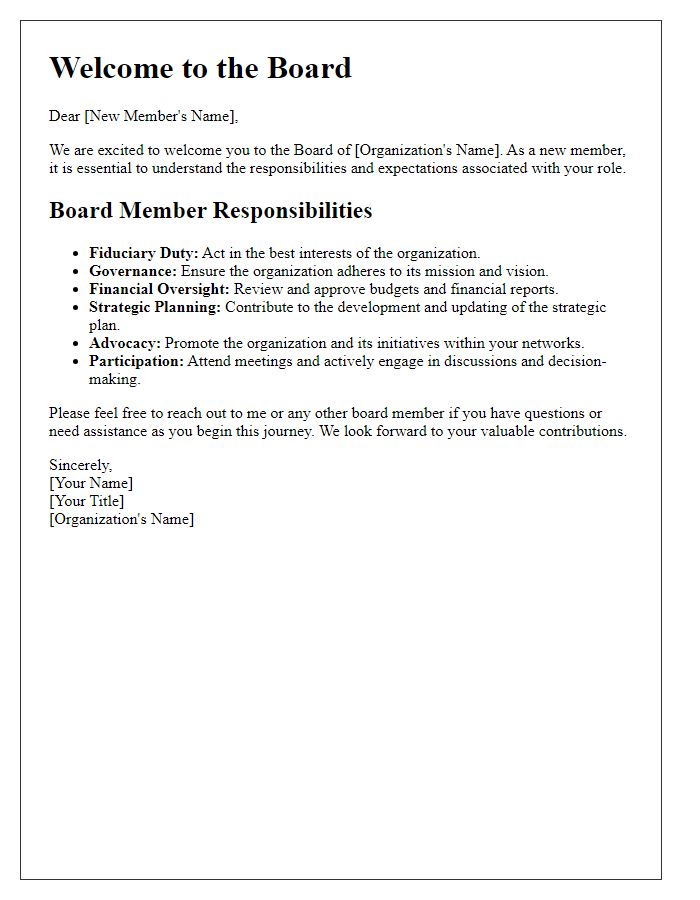 Letter template of introduction to board responsibilities for new members