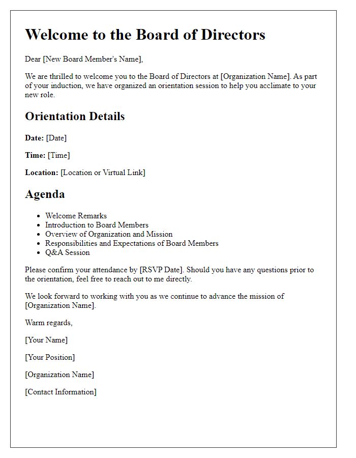 Letter template of orientation details for new board member induction