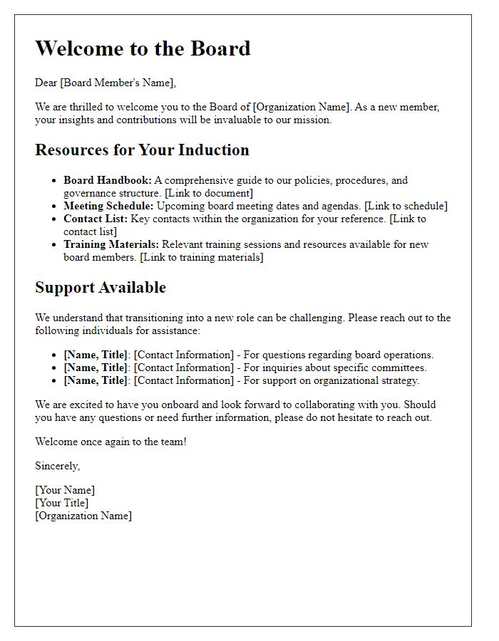 Letter template of resources and support for new board member induction