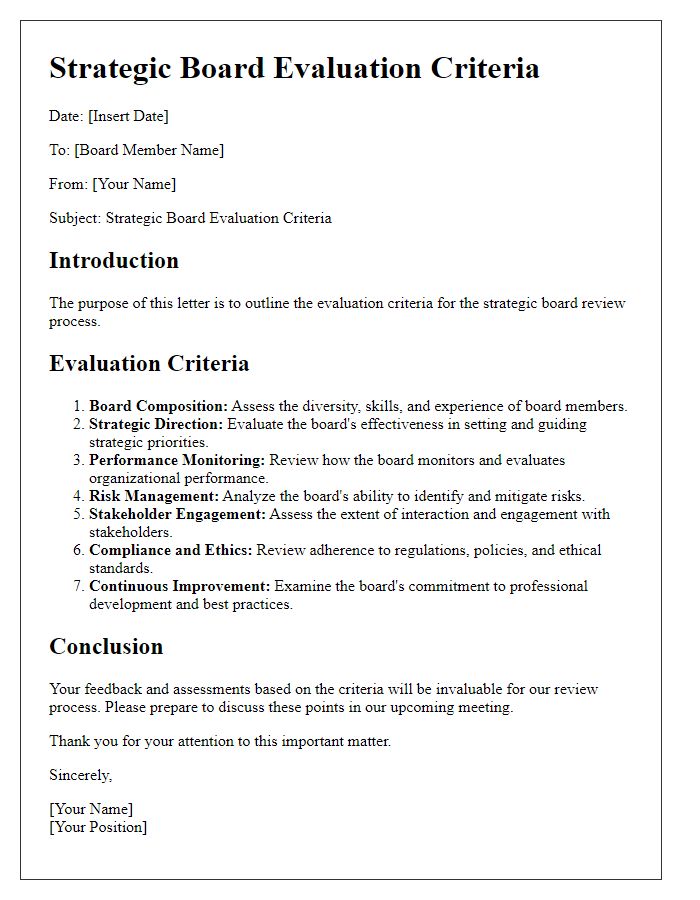 Letter template of strategic board evaluation criteria