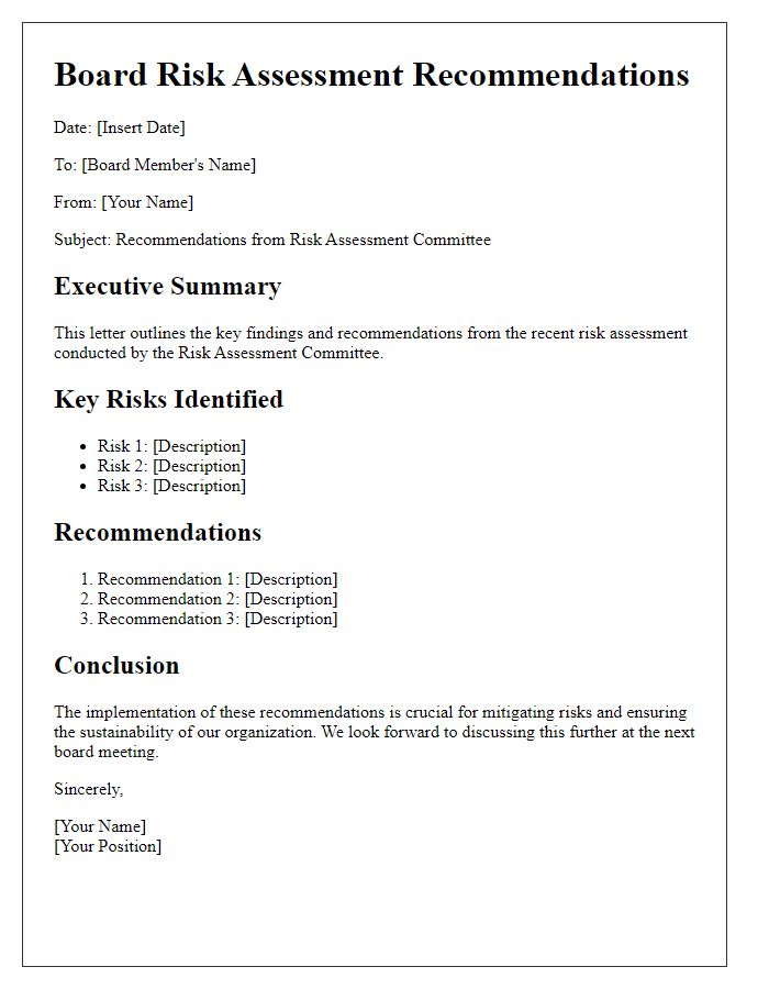 Letter template of board risk assessment recommendations.