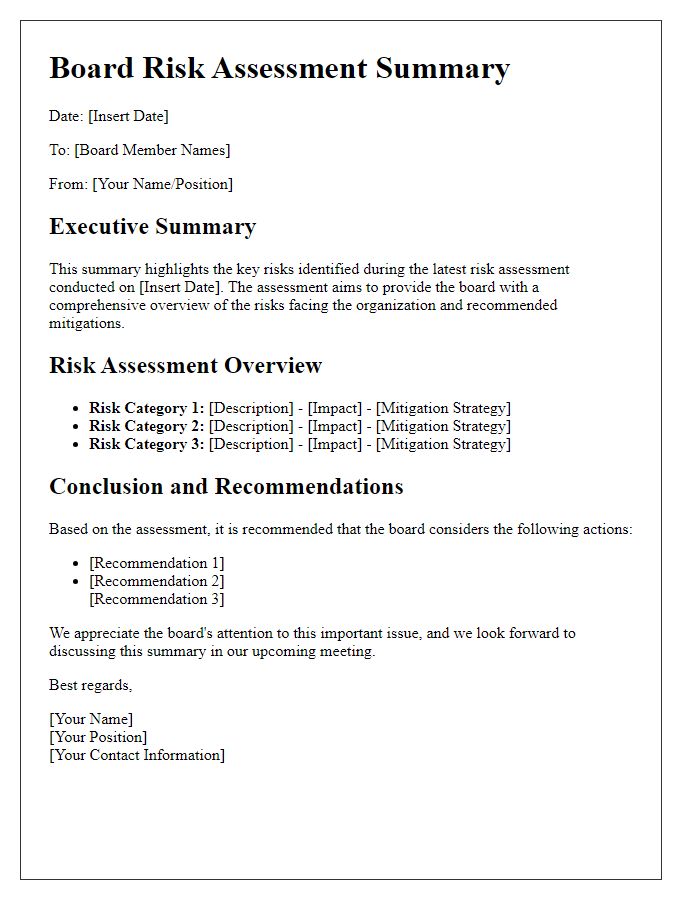 Letter template of board risk assessment summary.