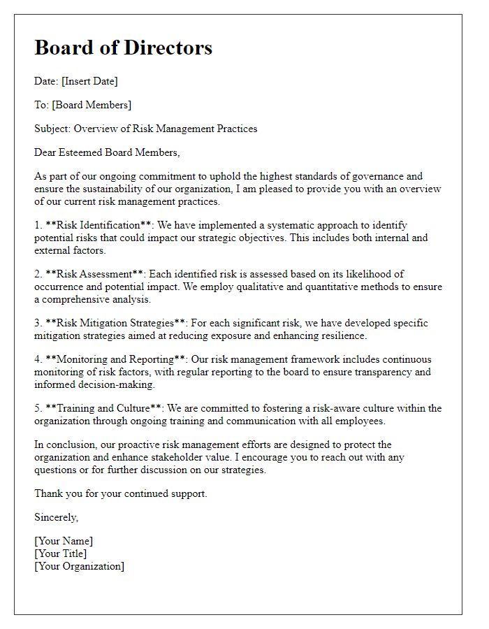 Letter template of board risk management overview.