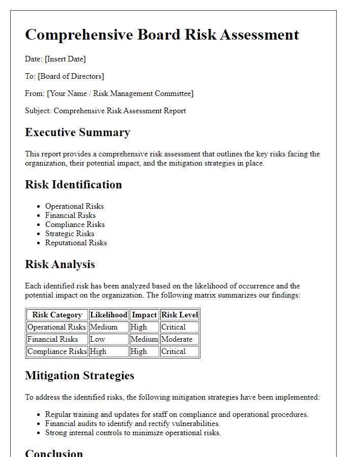 Letter template of comprehensive board risk assessment.