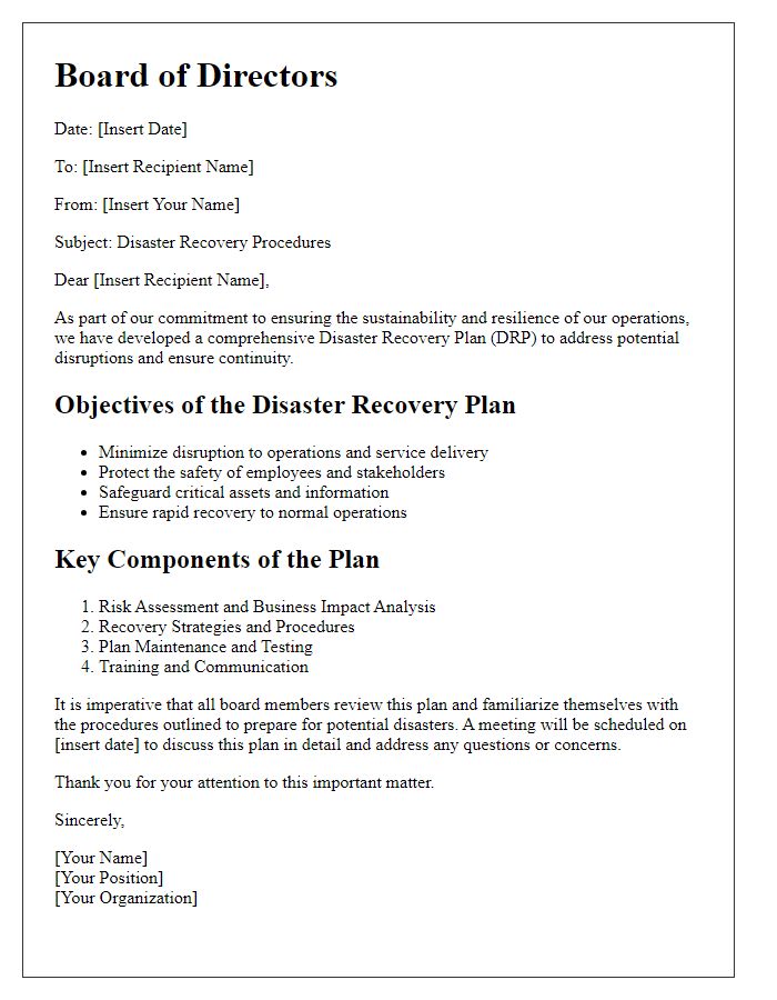 Letter template of Board Disaster Recovery Procedures