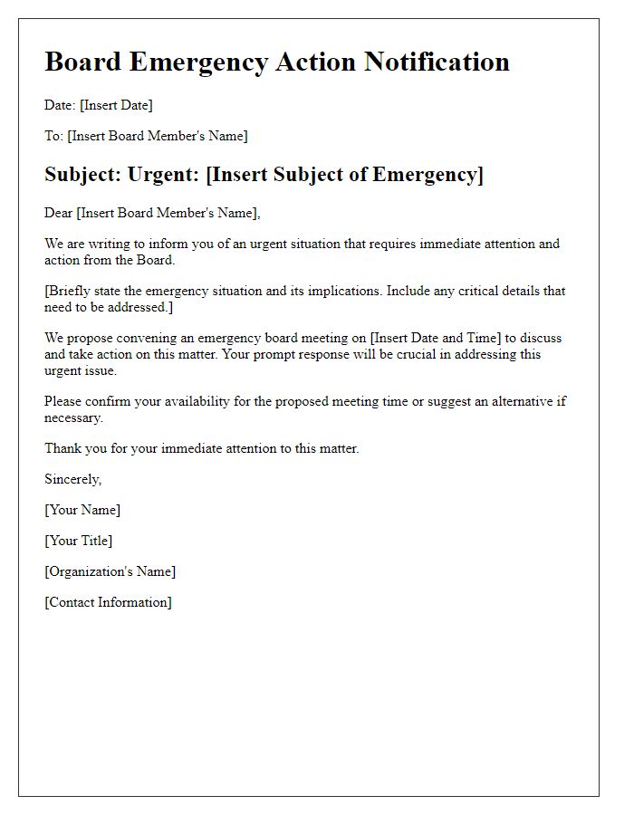 Letter template of Board Emergency Action Notification