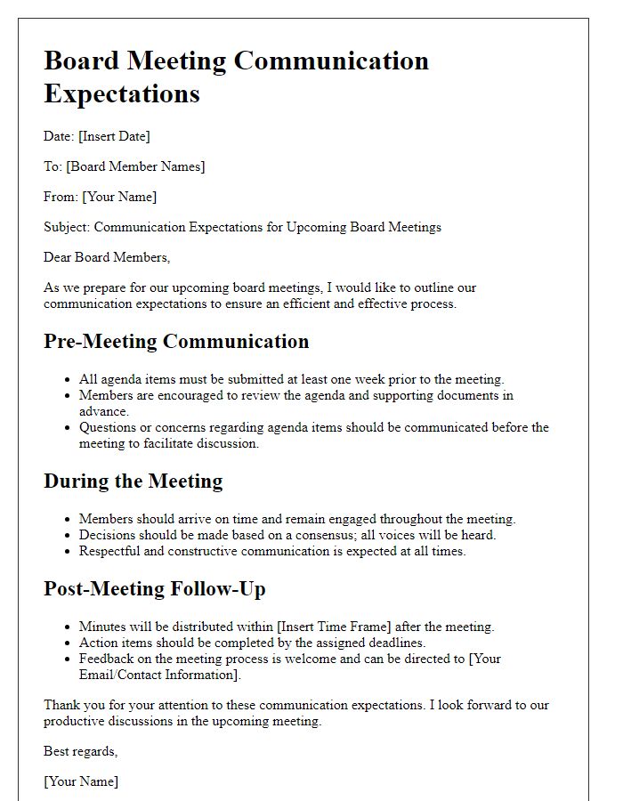 Letter template of Board Meeting Communication Expectations