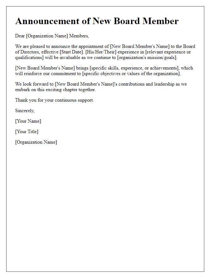 Letter template of announcement for new board member