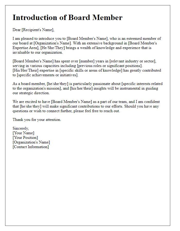 Letter template of introduction detailing board member expertise