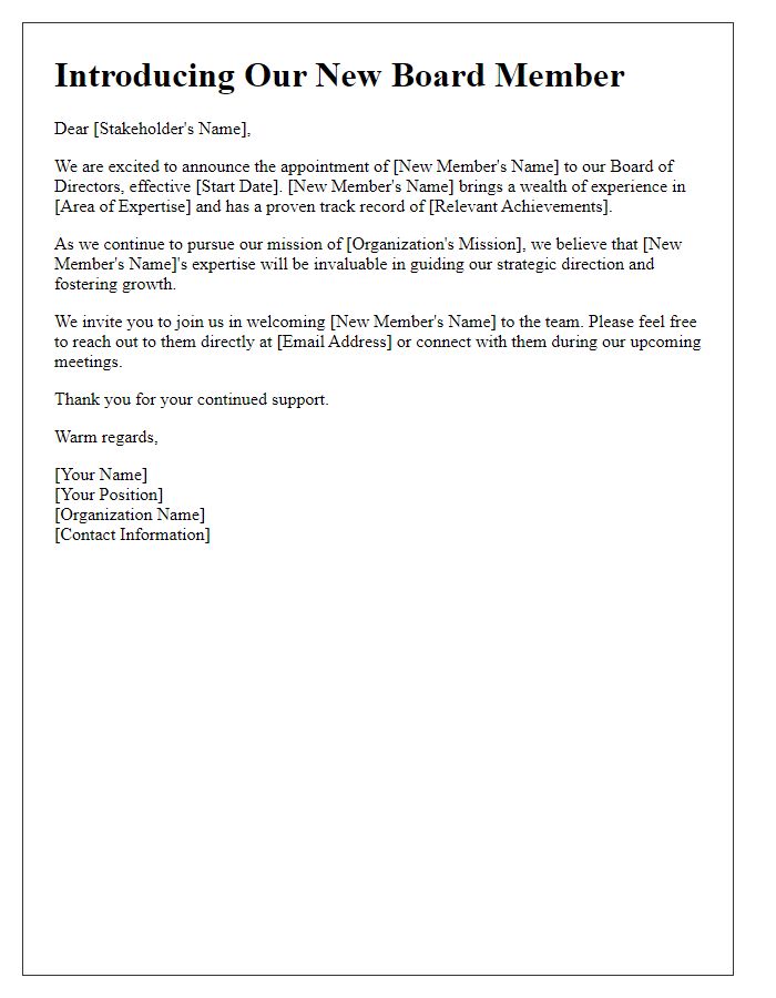 Letter template of introduction to stakeholders about new board member