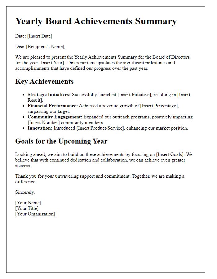 Letter template of Yearly Board Achievements Summary