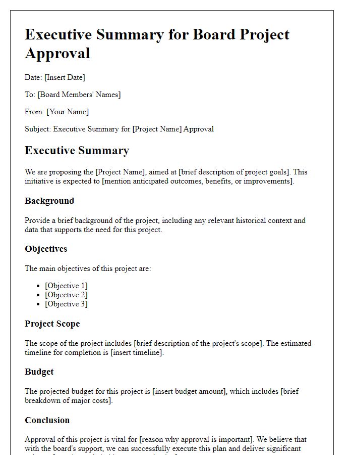 Letter template of executive summary for board project approval