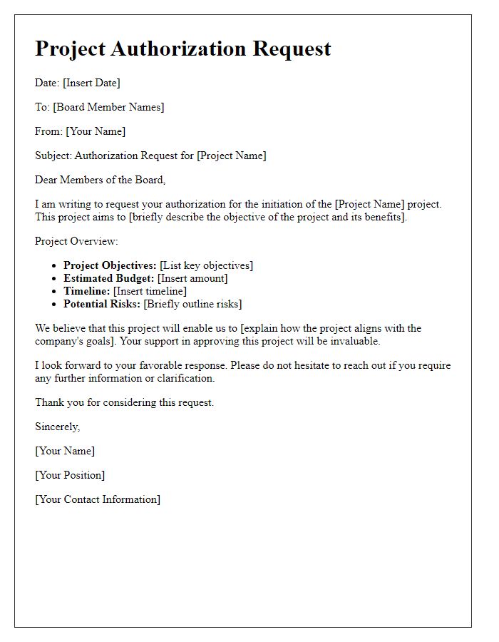 Letter template of project authorization request to the board